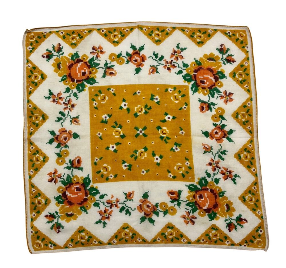 Vintage 1940s Yellow Pixelated Floral Print Cotton Handkerchief Novelty Hanky